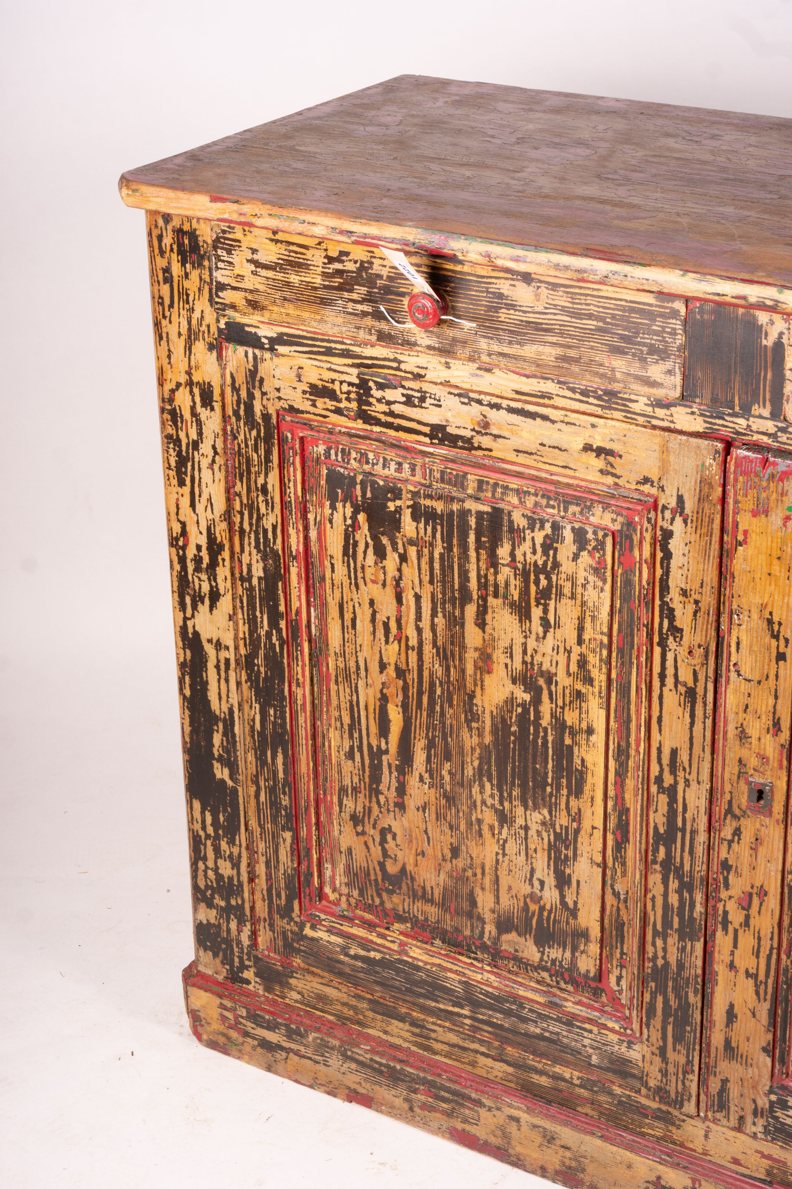 A 19th century French painted pine two door cabinet with scraped finish, width 140cm, depth 57cm, height 105cm